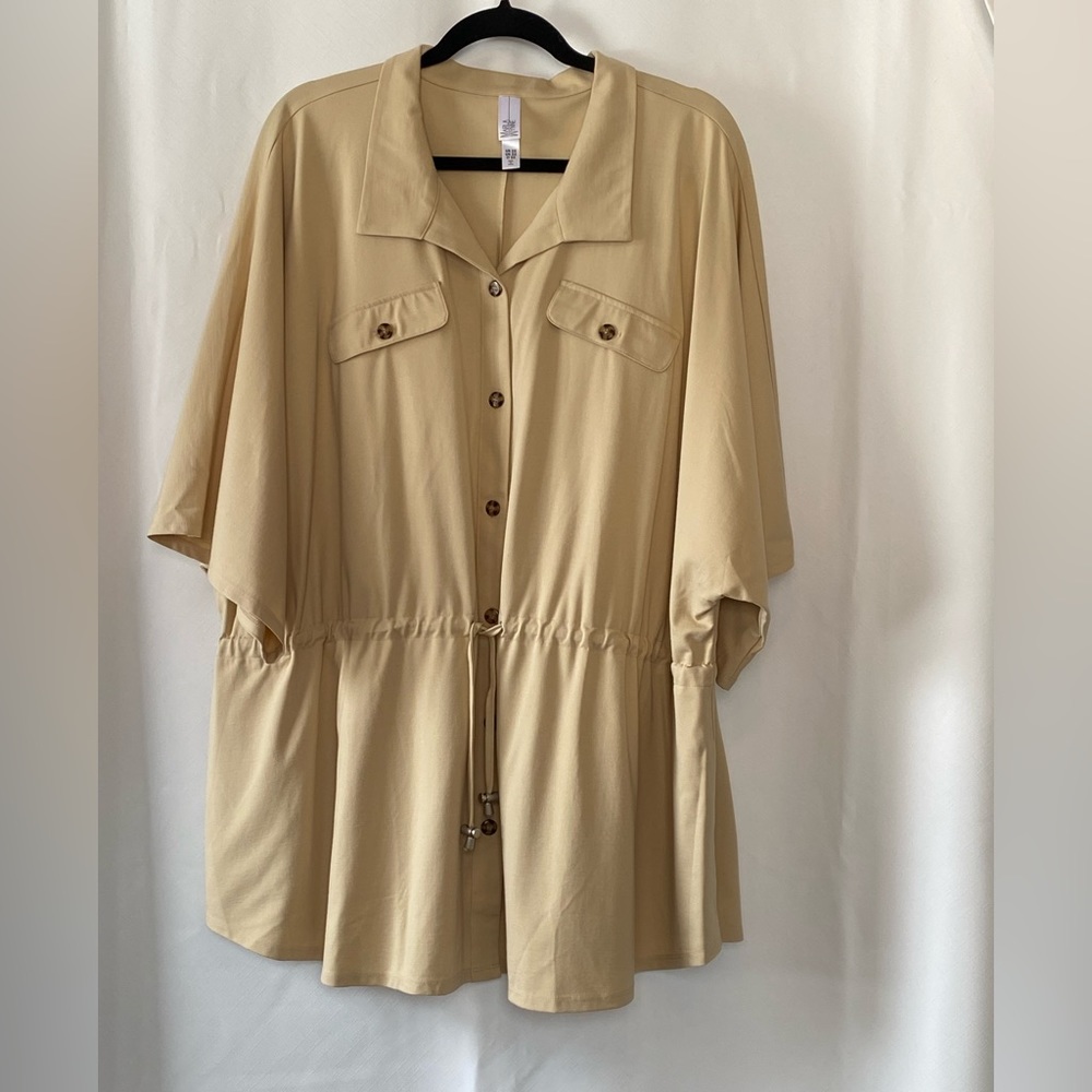 MarlaWynne Womens Tan Shirt Jacket 2X 3/4 Kimono Sleeve Minimalist Plus Size